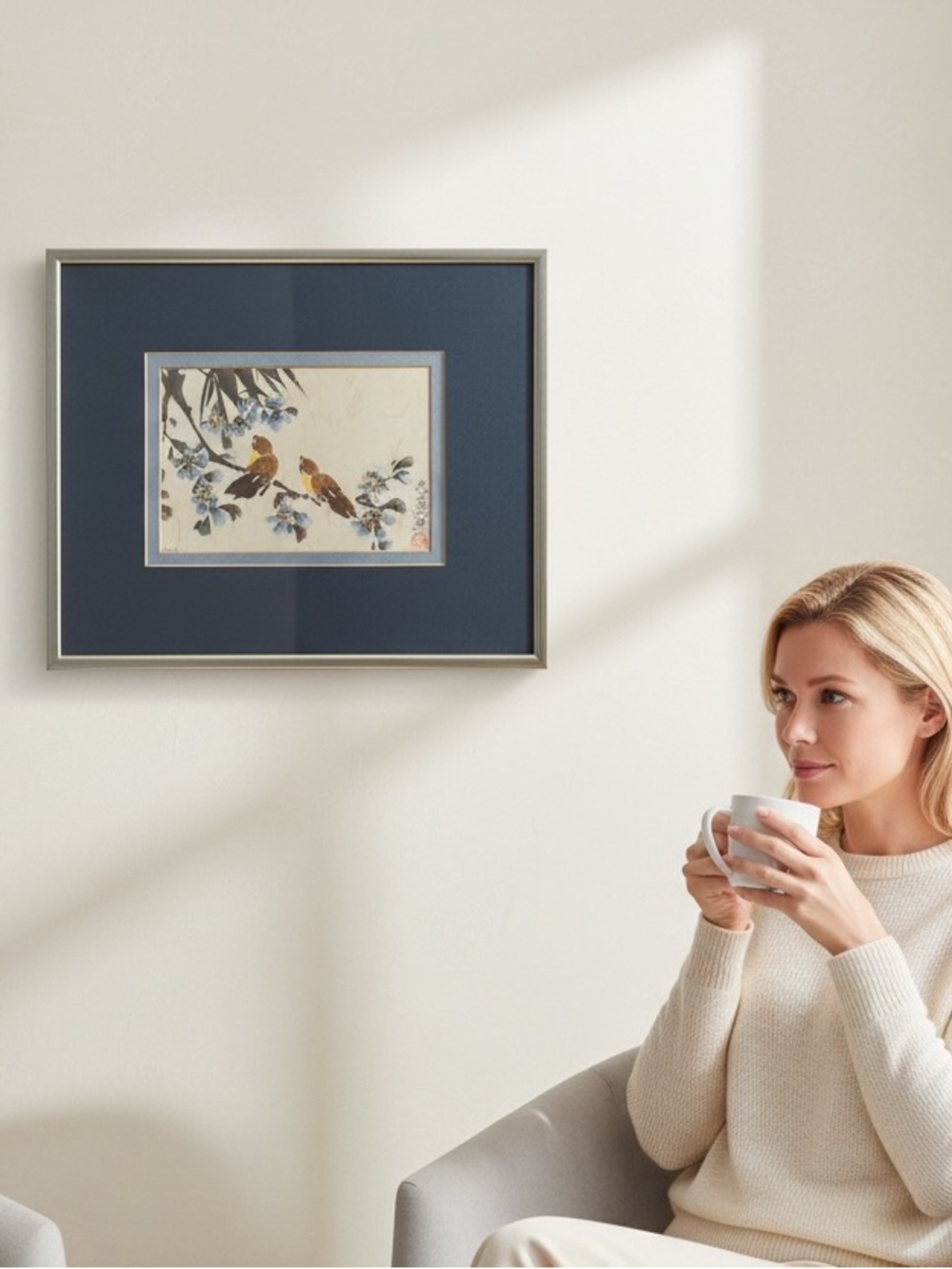 Framed Bird Print with Navy Mat and Gold Frame by Richard Leung